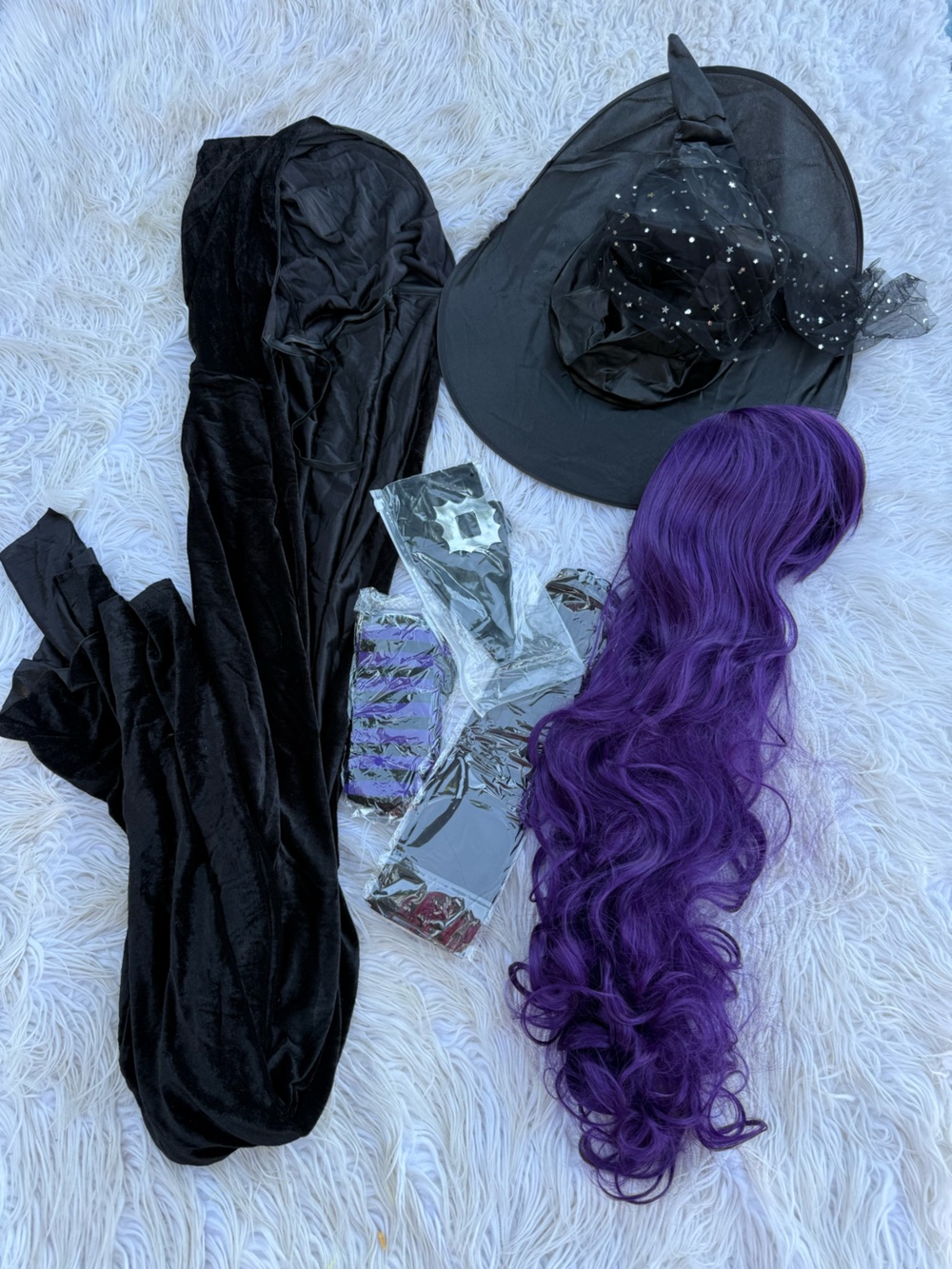 Womens Black Witch Hat with Purple Wig (B6)